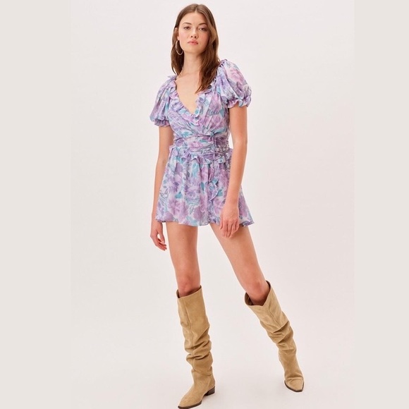 NWT For Love & Lemons Shelly Floral Lilac Ruffled Mini Puff Sleeve DressMSRP$236 - Picture 1 of 16